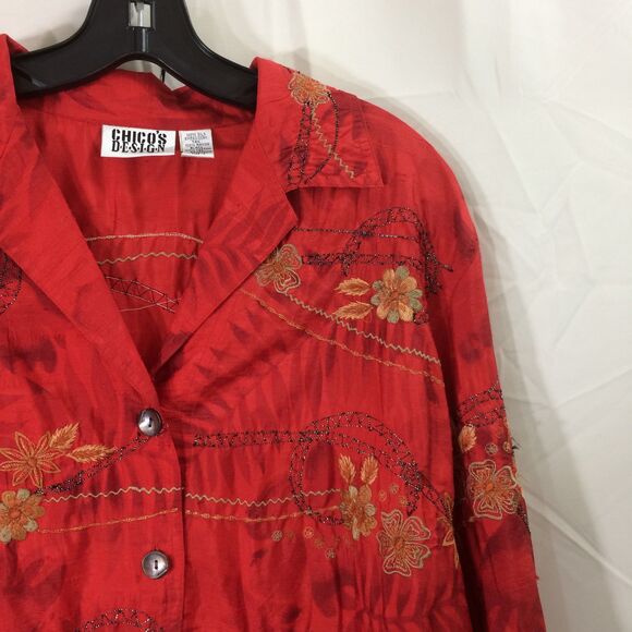 Vintage Y2K Chico's Design Red 100% Silk Embroidered Jacket Size 1 Button Front - Picture 3 of 4